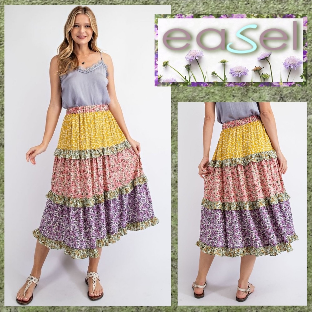 EASEL Multi Tiered Ruffle Trim Flowy Mix Floral Print Midi Skirt